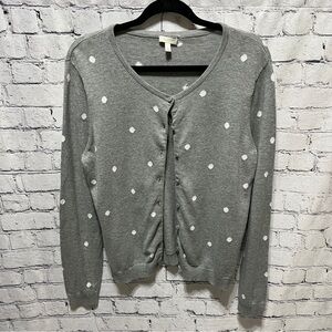 Talbots Gray White Polka Dot Button Front Cardigan Large Petite